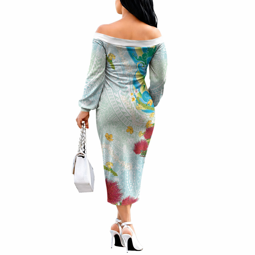 Japanese and Hawaiian Culture Fusion Off The Shoulder Long Sleeve Dress Irezumi with Turtles and Lei Kakau Pattern Fresh Vibe