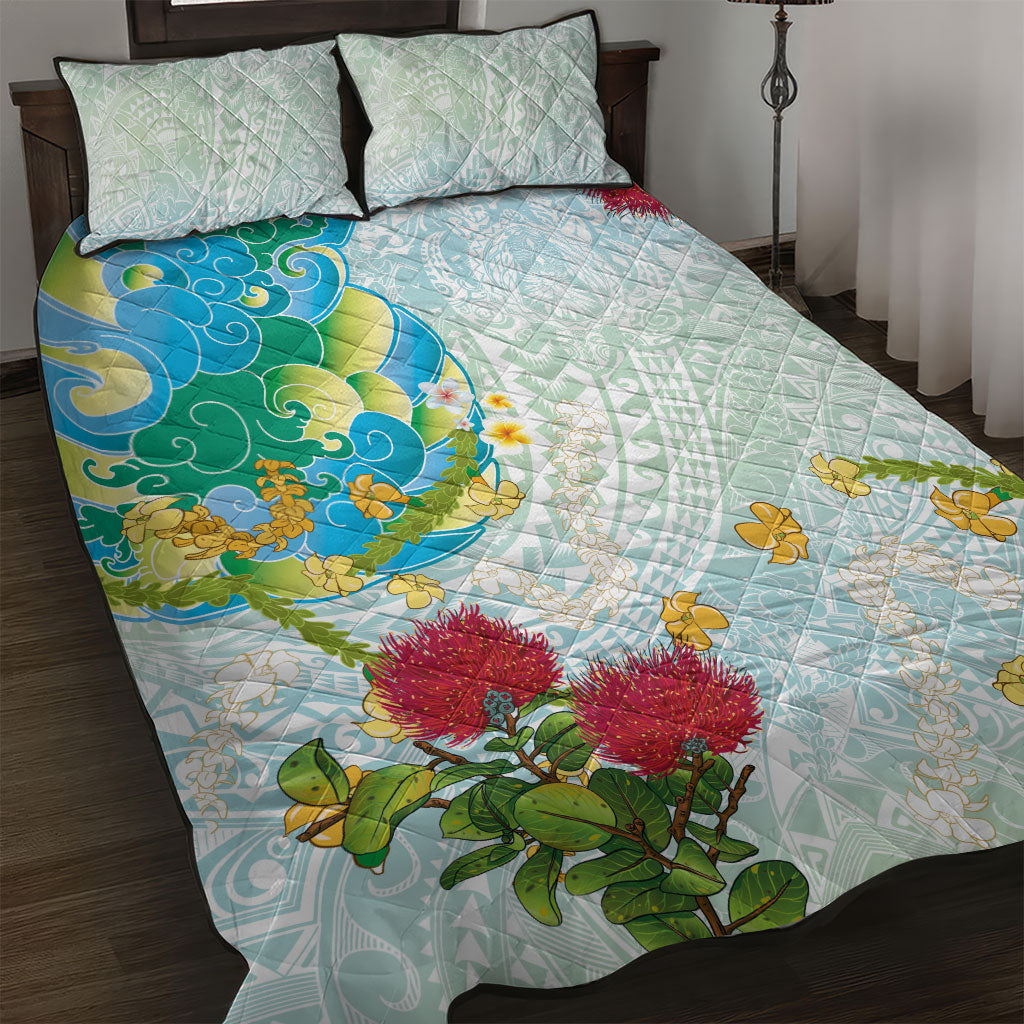 Japanese and Hawaiian Culture Fusion Quilt Bed Set Irezumi with Turtles and Lei Kakau Pattern Fresh Vibe