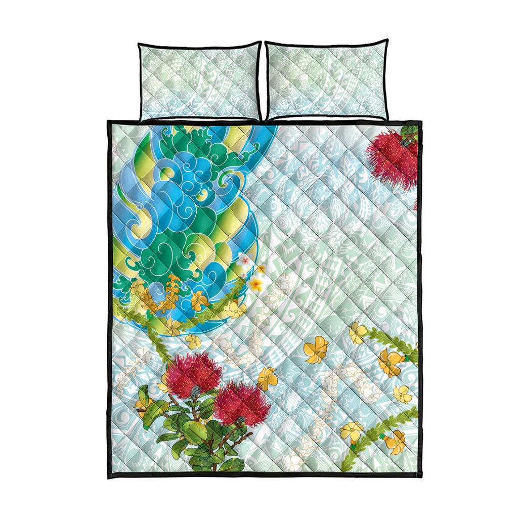 Japanese and Hawaiian Culture Fusion Quilt Bed Set Irezumi with Turtles and Lei Kakau Pattern Fresh Vibe