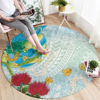 Japanese and Hawaiian Culture Fusion Round Carpet Irezumi with Turtles and Lei Kakau Pattern Fresh Vibe