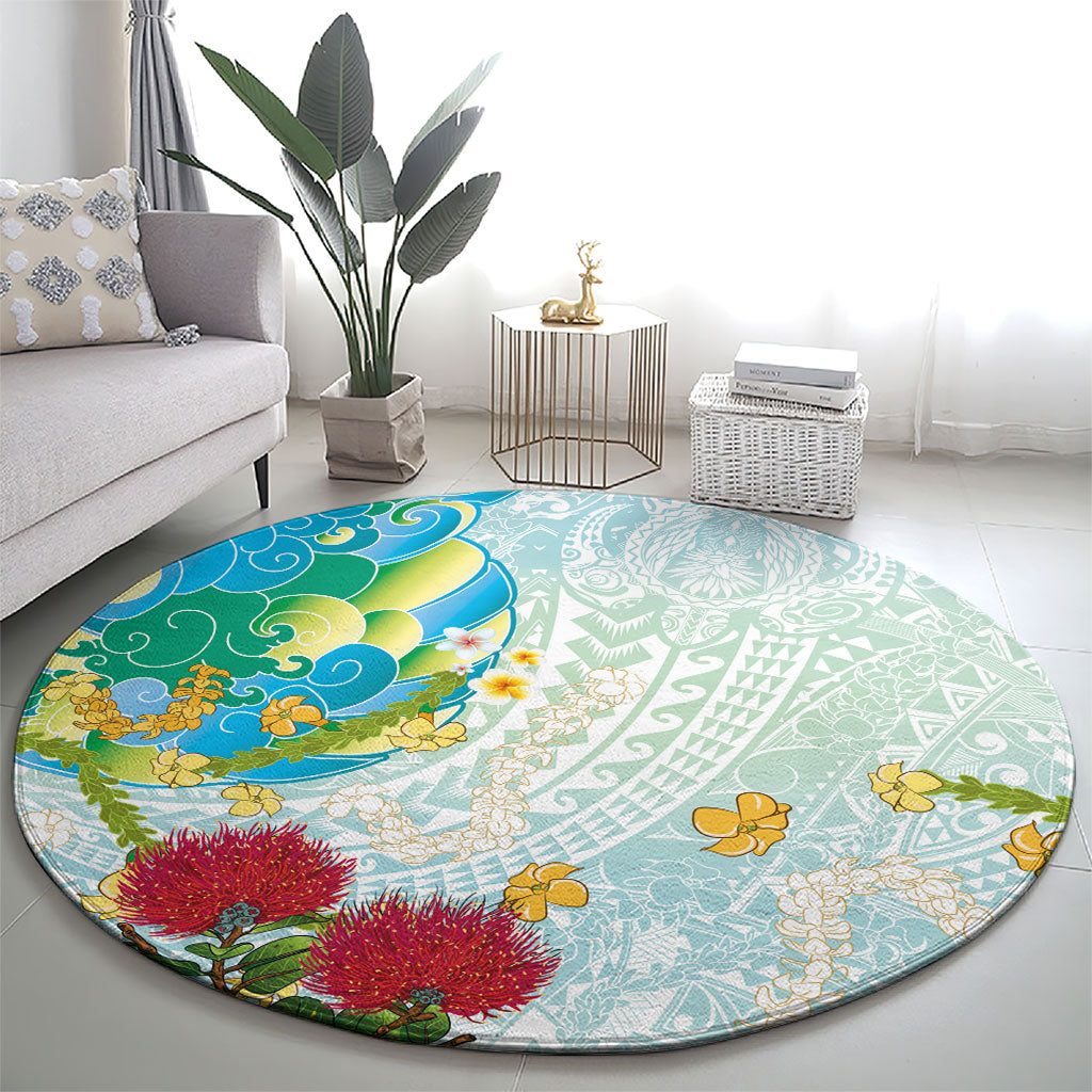 Japanese and Hawaiian Culture Fusion Round Carpet Irezumi with Turtles and Lei Kakau Pattern Fresh Vibe