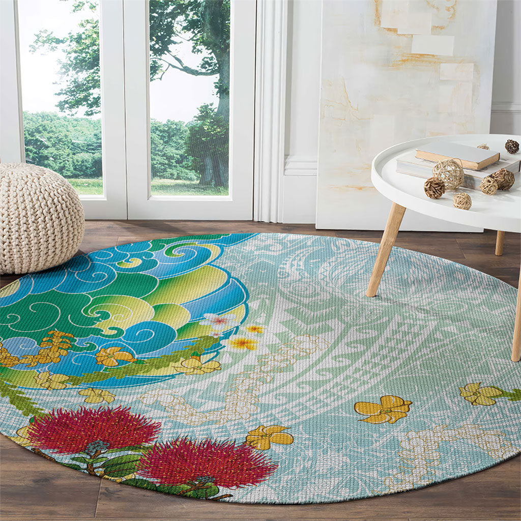 Japanese and Hawaiian Culture Fusion Round Carpet Irezumi with Turtles and Lei Kakau Pattern Fresh Vibe