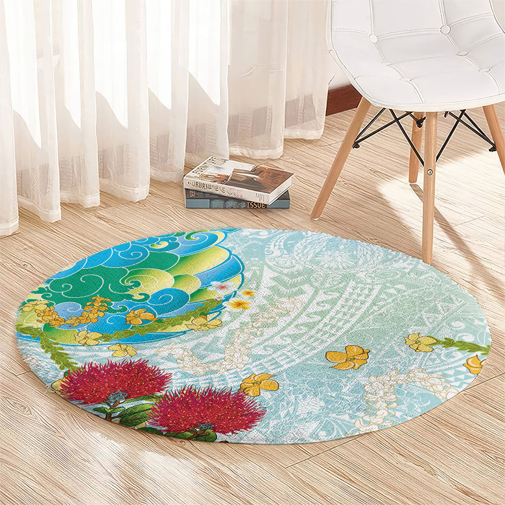 Japanese and Hawaiian Culture Fusion Round Carpet Irezumi with Turtles and Lei Kakau Pattern Fresh Vibe