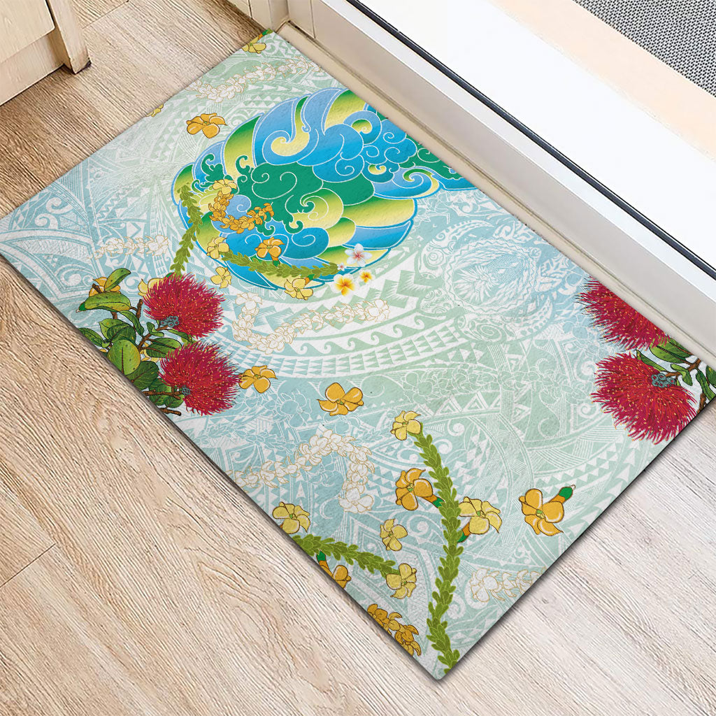 Japanese and Hawaiian Culture Fusion Rubber Doormat Irezumi with Turtles and Lei Kakau Pattern Fresh Vibe