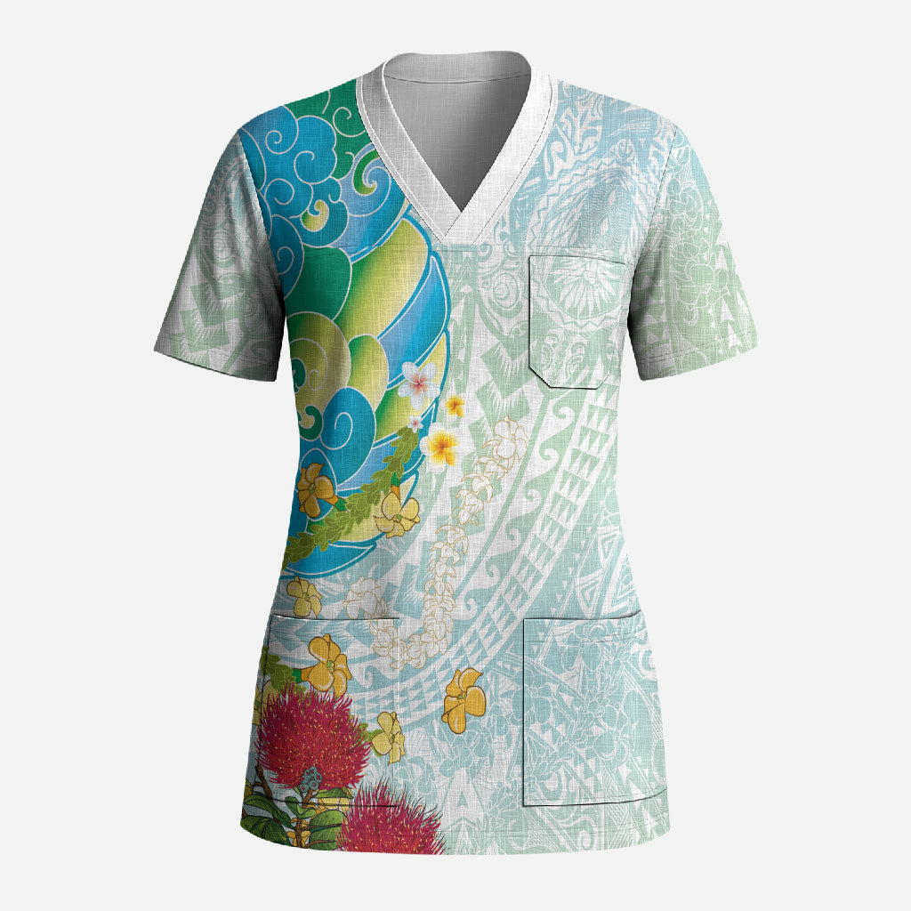 Japanese and Hawaiian Culture Fusion Scrub Top Irezumi with Turtles and Lei Kakau Pattern Fresh Vibe