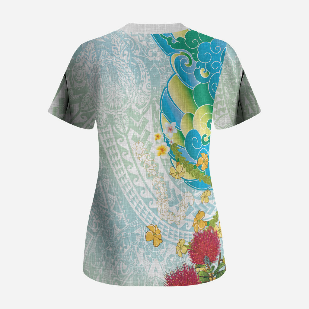 Japanese and Hawaiian Culture Fusion Scrub Top Irezumi with Turtles and Lei Kakau Pattern Fresh Vibe