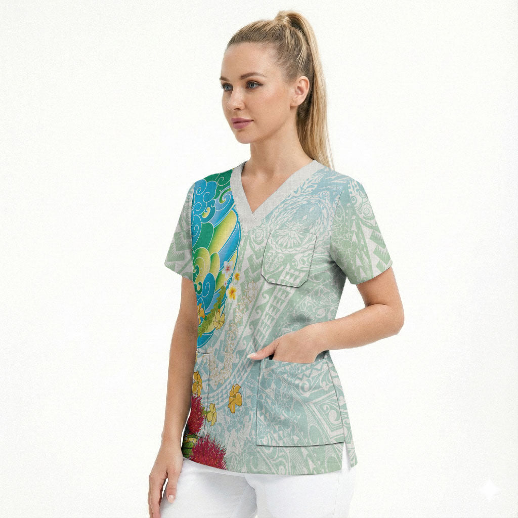 Japanese and Hawaiian Culture Fusion Scrub Top Irezumi with Turtles and Lei Kakau Pattern Fresh Vibe