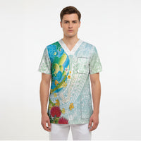 Japanese and Hawaiian Culture Fusion Scrub Top Irezumi with Turtles and Lei Kakau Pattern Fresh Vibe