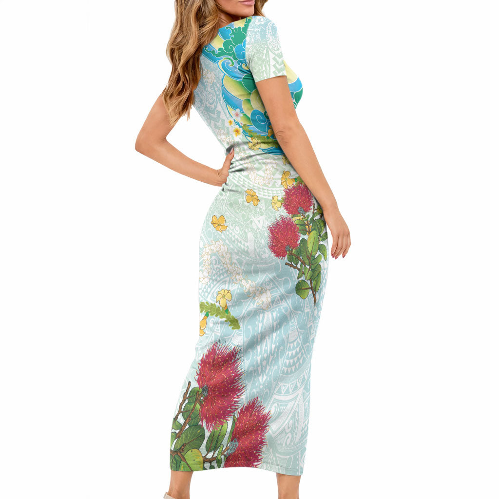 Japanese and Hawaiian Culture Fusion Short Sleeve Bodycon Dress Irezumi with Turtles and Lei Kakau Pattern Fresh Vibe