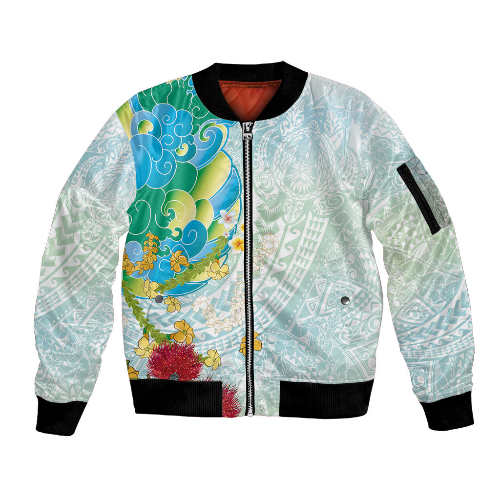 Japanese and Hawaiian Culture Fusion Sleeve Zip Bomber Jacket Irezumi with Turtles and Lei Kakau Pattern Fresh Vibe