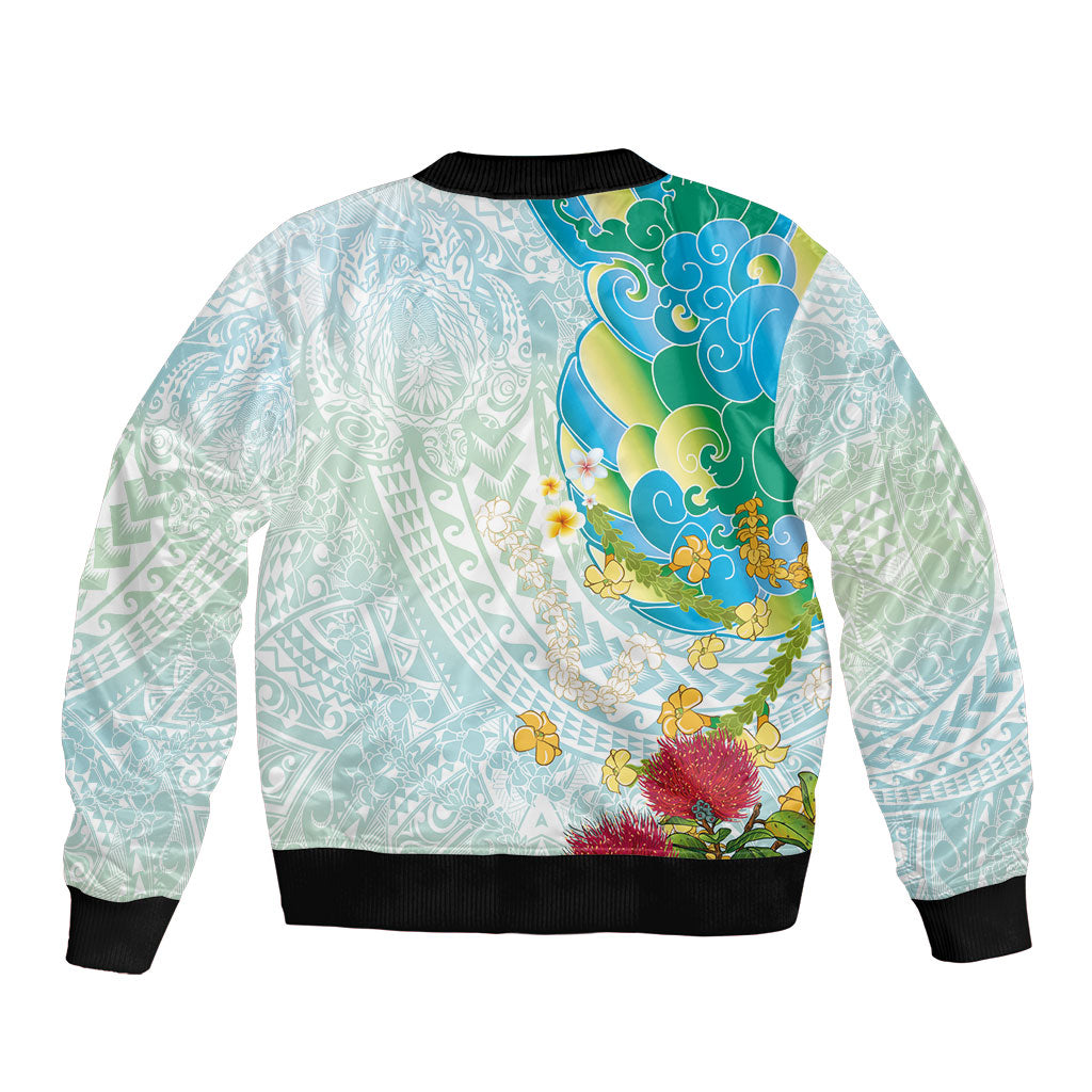 Japanese and Hawaiian Culture Fusion Sleeve Zip Bomber Jacket Irezumi with Turtles and Lei Kakau Pattern Fresh Vibe