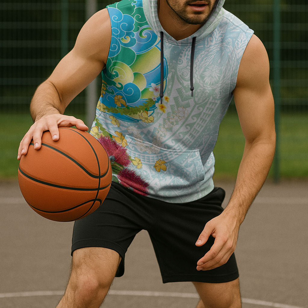 Japanese and Hawaiian Culture Fusion Sleeveless Hoodie Irezumi with Turtles and Lei Kakau Pattern Fresh Vibe