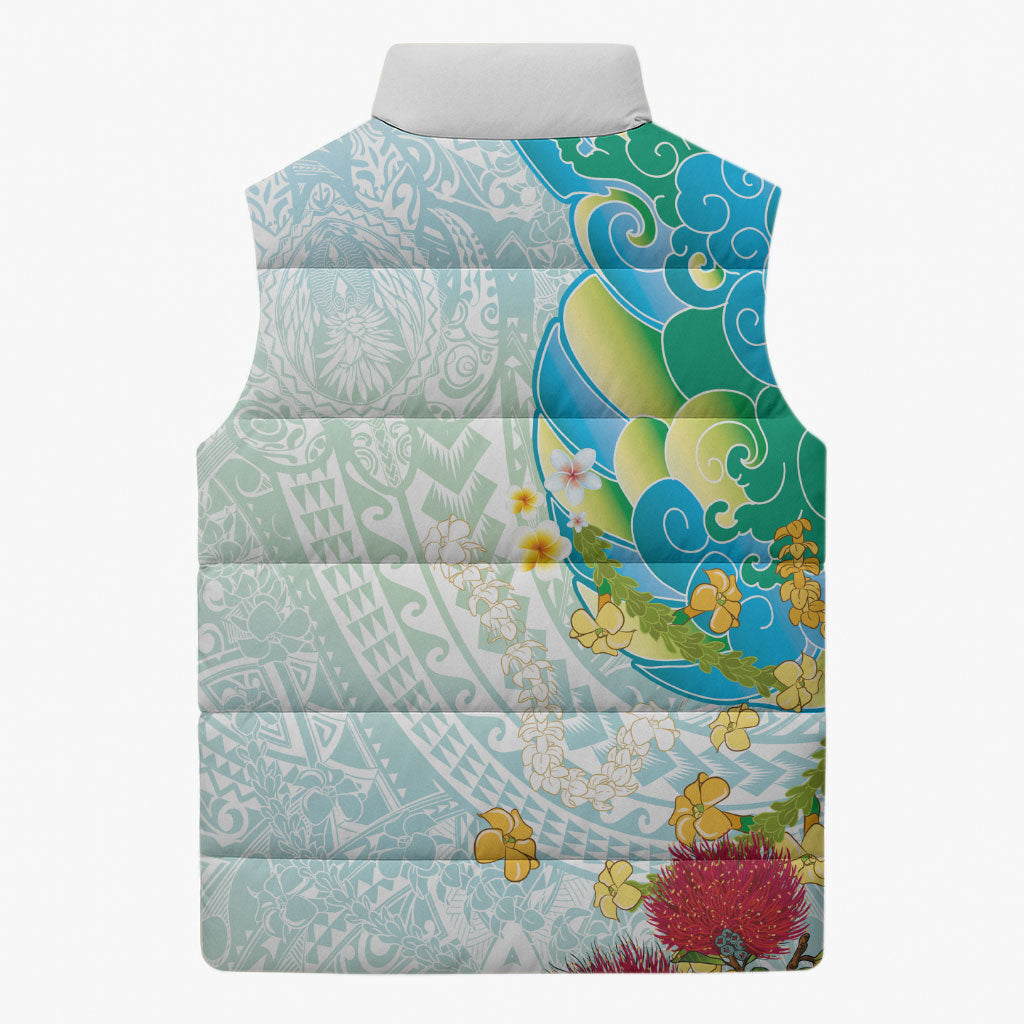 Japanese and Hawaiian Culture Fusion Sleeveless Puffer Jacket Irezumi with Turtles and Lei Kakau Pattern Fresh Vibe