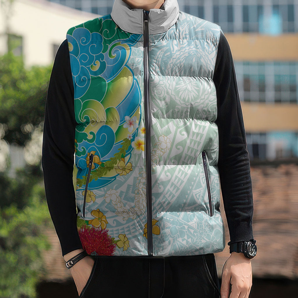 Japanese and Hawaiian Culture Fusion Sleeveless Puffer Jacket Irezumi with Turtles and Lei Kakau Pattern Fresh Vibe