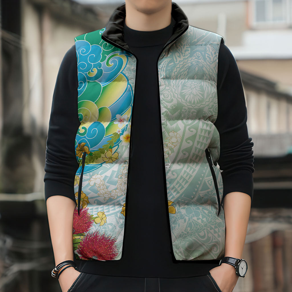 Japanese and Hawaiian Culture Fusion Sleeveless Puffer Jacket Irezumi with Turtles and Lei Kakau Pattern Fresh Vibe