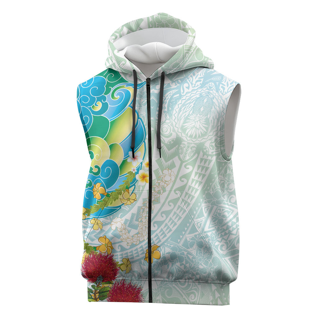 Japanese and Hawaiian Culture Fusion Sleeveless Zip Hoodie Irezumi with Turtles and Lei Kakau Pattern Fresh Vibe
