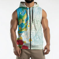 Japanese and Hawaiian Culture Fusion Sleeveless Zip Hoodie Irezumi with Turtles and Lei Kakau Pattern Fresh Vibe