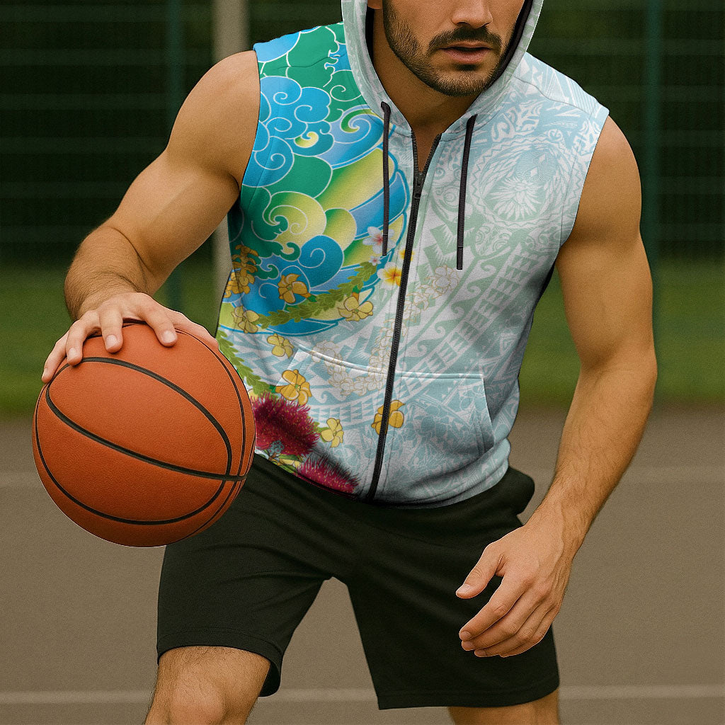 Japanese and Hawaiian Culture Fusion Sleeveless Zip Hoodie Irezumi with Turtles and Lei Kakau Pattern Fresh Vibe