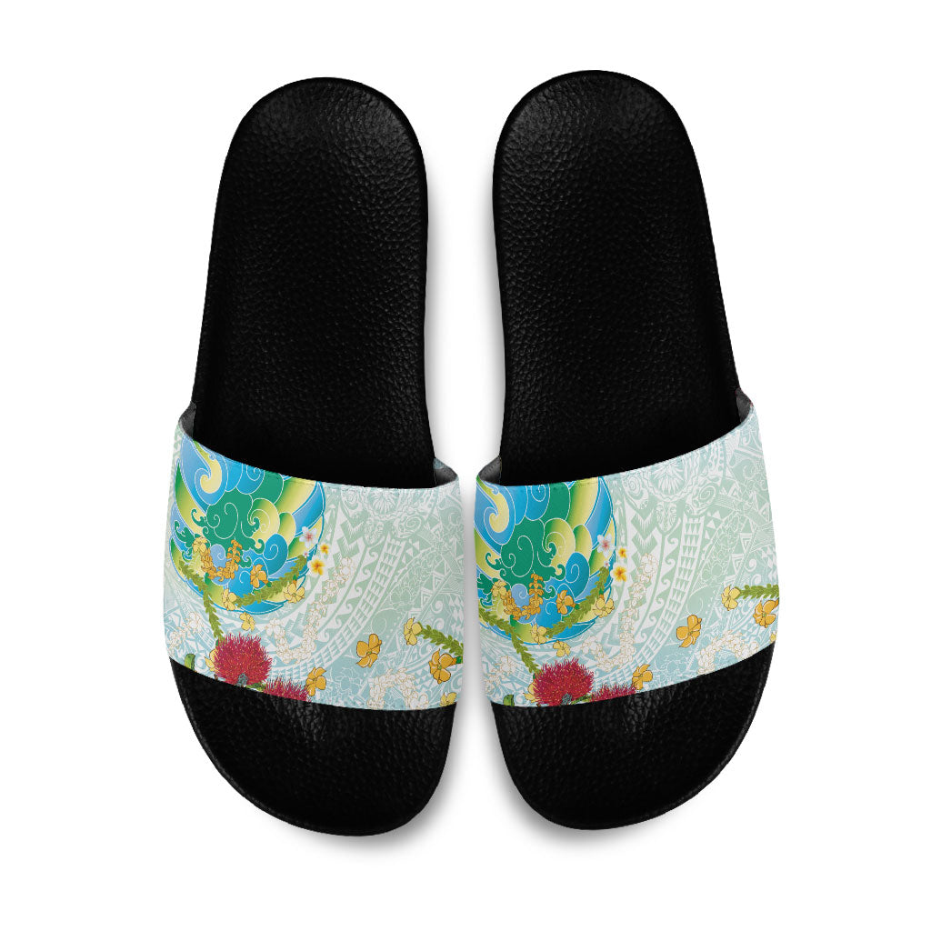 Japanese and Hawaiian Culture Fusion Slide Sandals Irezumi with Turtles and Lei Kakau Pattern Fresh Vibe