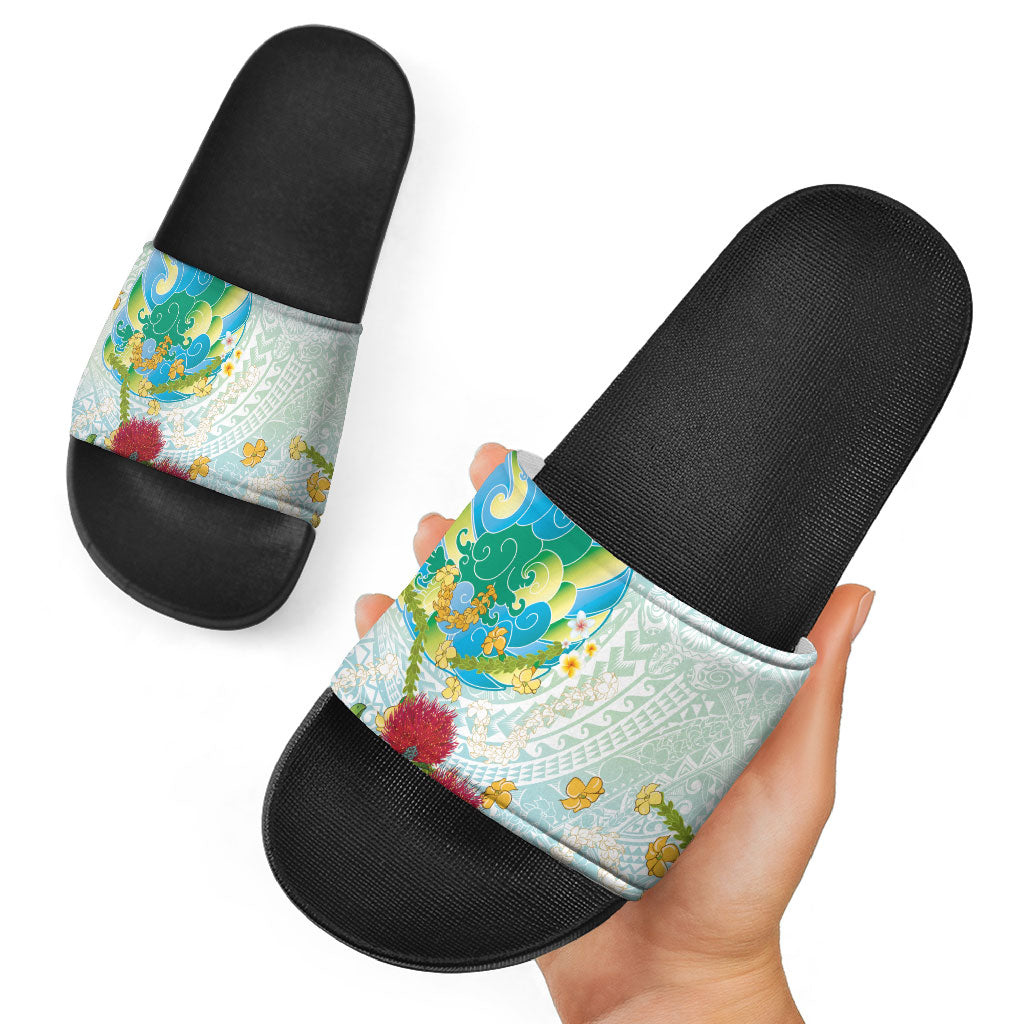 Japanese and Hawaiian Culture Fusion Slide Sandals Irezumi with Turtles and Lei Kakau Pattern Fresh Vibe