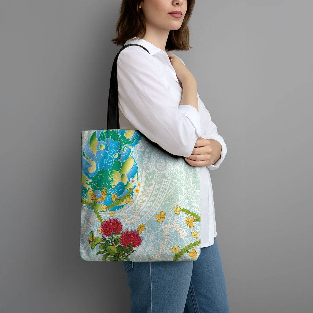 Japanese and Hawaiian Culture Fusion Tote Bag Irezumi with Turtles and Lei Kakau Pattern Fresh Vibe