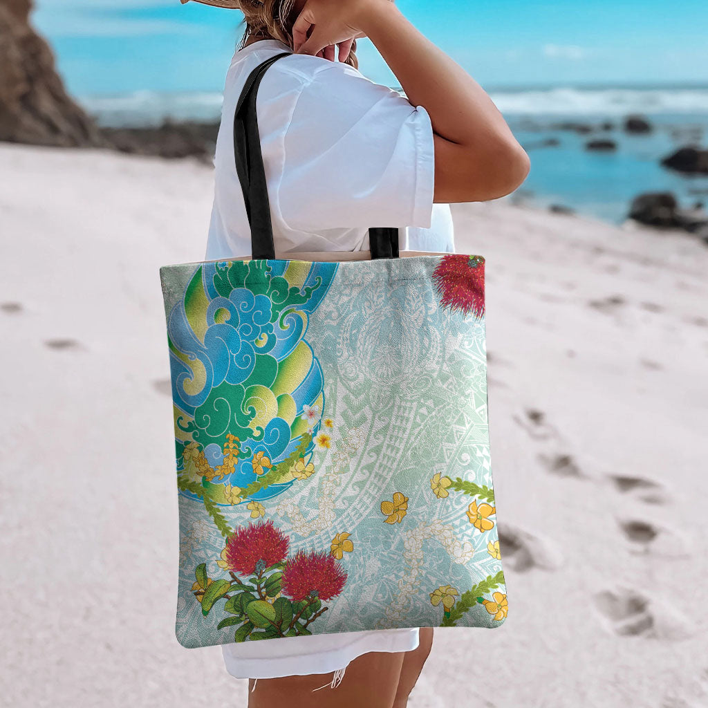 Japanese and Hawaiian Culture Fusion Tote Bag Irezumi with Turtles and Lei Kakau Pattern Fresh Vibe