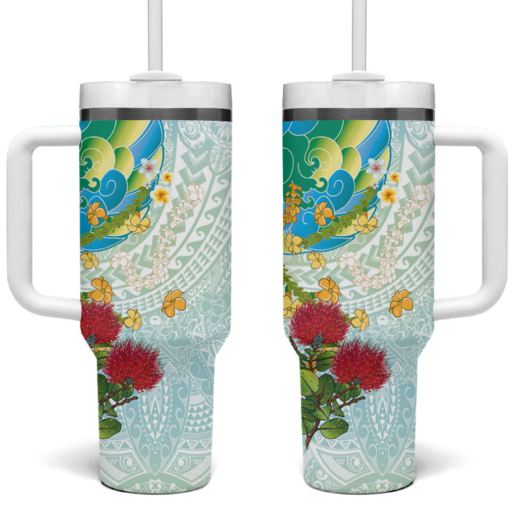 Japanese and Hawaiian Culture Fusion Tumbler With Handle Irezumi with Turtles and Lei Kakau Pattern Fresh Vibe
