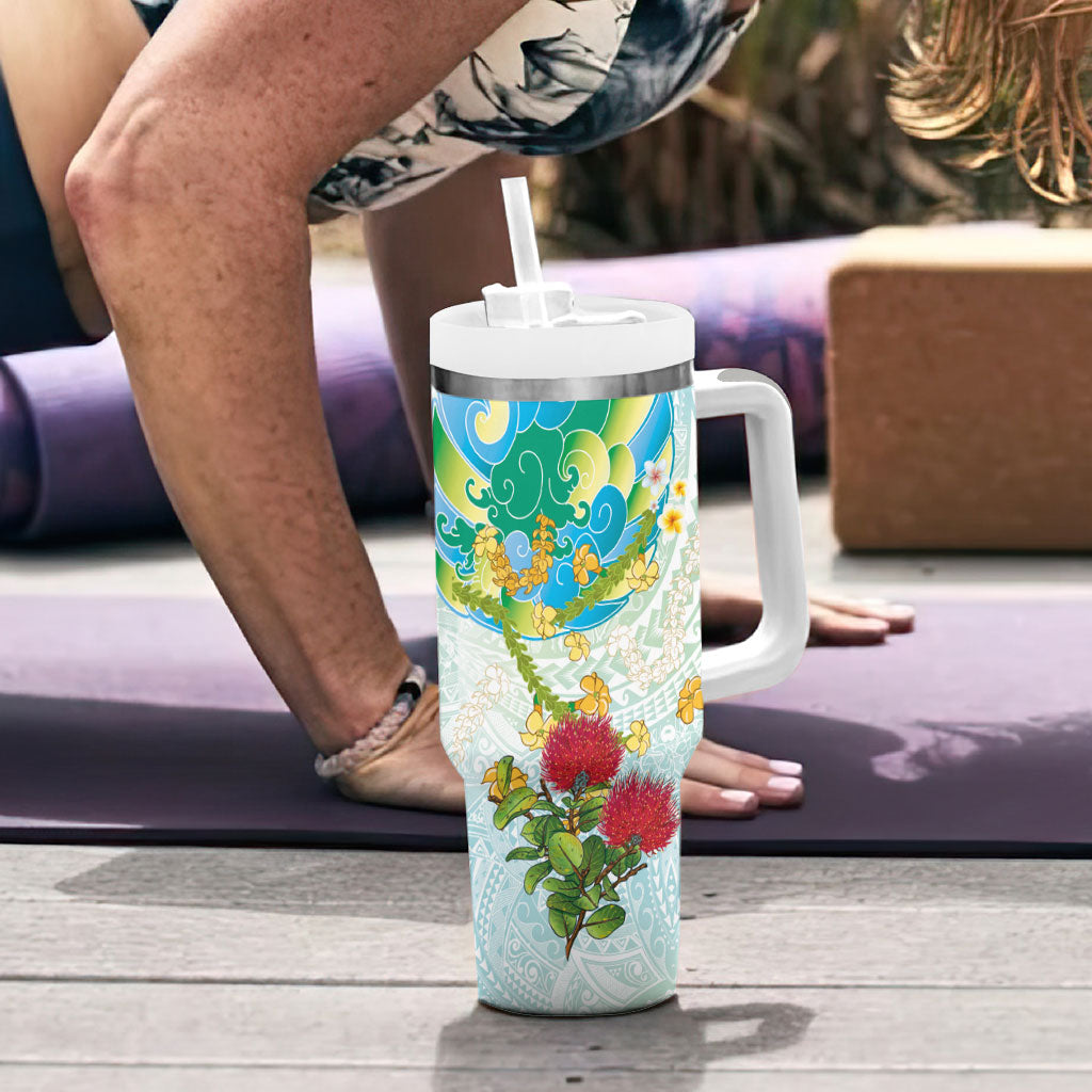 Japanese and Hawaiian Culture Fusion Tumbler With Handle Irezumi with Turtles and Lei Kakau Pattern Fresh Vibe