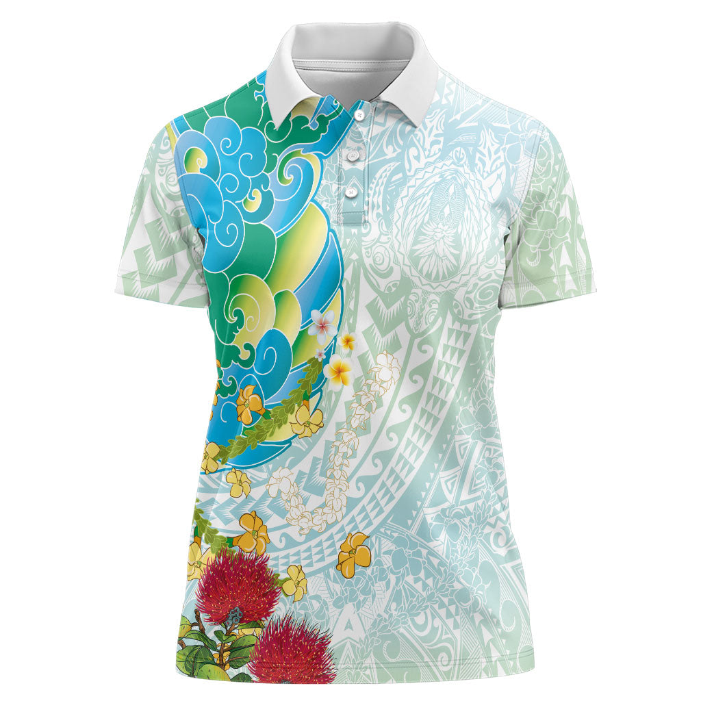 Japanese and Hawaiian Culture Fusion Women Polo Shirt Irezumi with Turtles and Lei Kakau Pattern Fresh Vibe