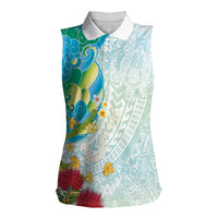 Japanese and Hawaiian Culture Fusion Women Sleeveless Polo Shirt Irezumi with Turtles and Lei Kakau Pattern Fresh Vibe