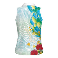 Japanese and Hawaiian Culture Fusion Women Sleeveless Polo Shirt Irezumi with Turtles and Lei Kakau Pattern Fresh Vibe