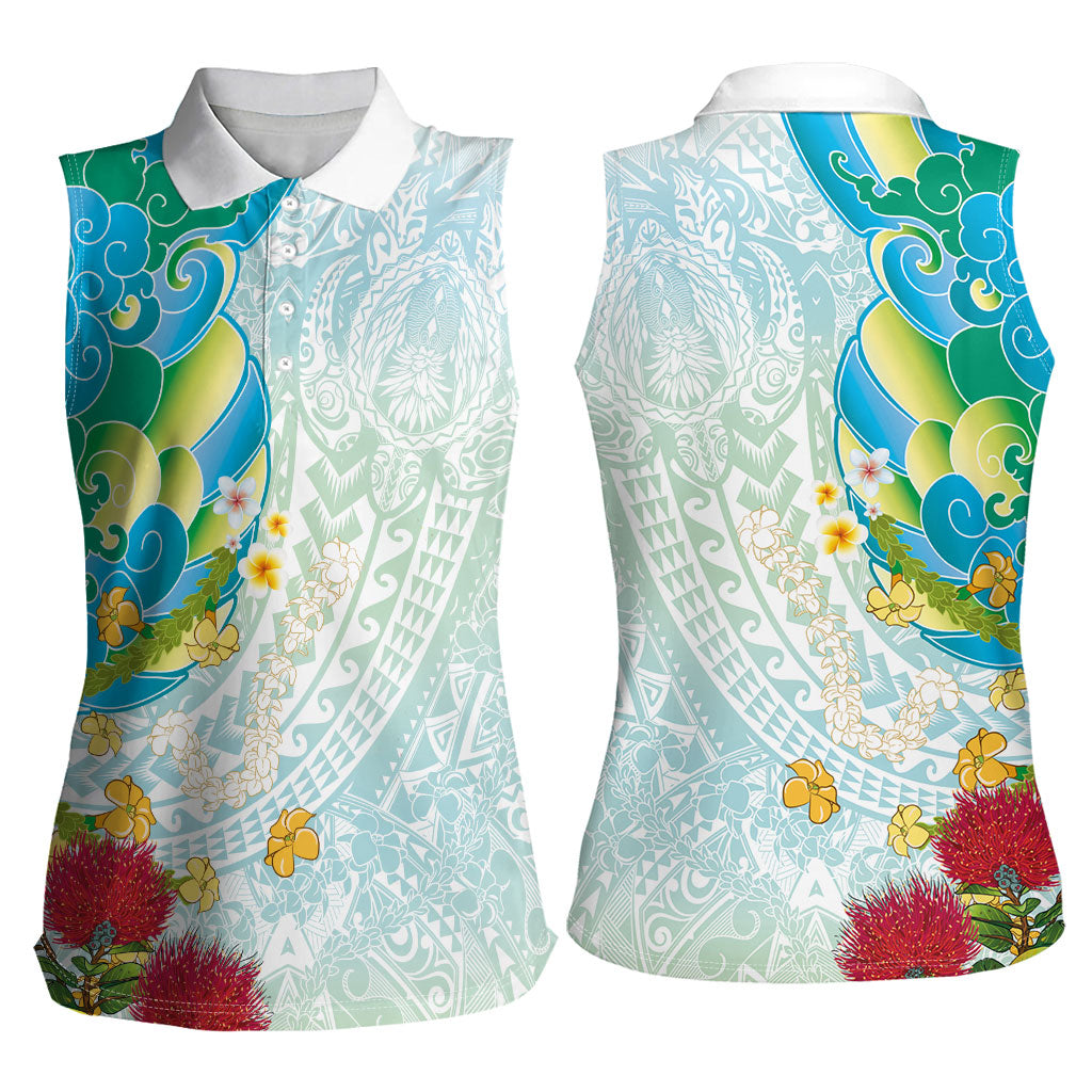 Japanese and Hawaiian Culture Fusion Women Sleeveless Polo Shirt Irezumi with Turtles and Lei Kakau Pattern Fresh Vibe