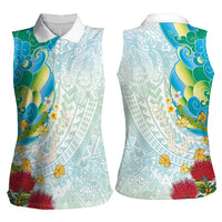 Japanese and Hawaiian Culture Fusion Women Sleeveless Polo Shirt Irezumi with Turtles and Lei Kakau Pattern Fresh Vibe
