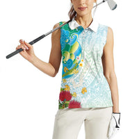 Japanese and Hawaiian Culture Fusion Women Sleeveless Polo Shirt Irezumi with Turtles and Lei Kakau Pattern Fresh Vibe