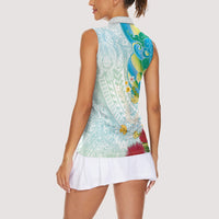 Japanese and Hawaiian Culture Fusion Women Sleeveless Polo Shirt Irezumi with Turtles and Lei Kakau Pattern Fresh Vibe
