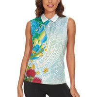 Japanese and Hawaiian Culture Fusion Women Sleeveless Polo Shirt Irezumi with Turtles and Lei Kakau Pattern Fresh Vibe