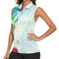 Japanese and Hawaiian Culture Fusion Women Sleeveless Polo Shirt Irezumi with Turtles and Lei Kakau Pattern Fresh Vibe