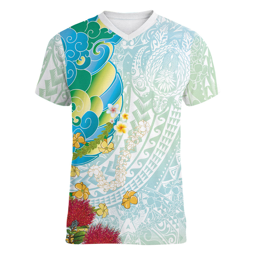Japanese and Hawaiian Culture Fusion Women V-Neck T-Shirt Irezumi with Turtles and Lei Kakau Pattern Fresh Vibe