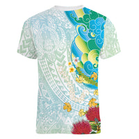 Japanese and Hawaiian Culture Fusion Women V-Neck T-Shirt Irezumi with Turtles and Lei Kakau Pattern Fresh Vibe