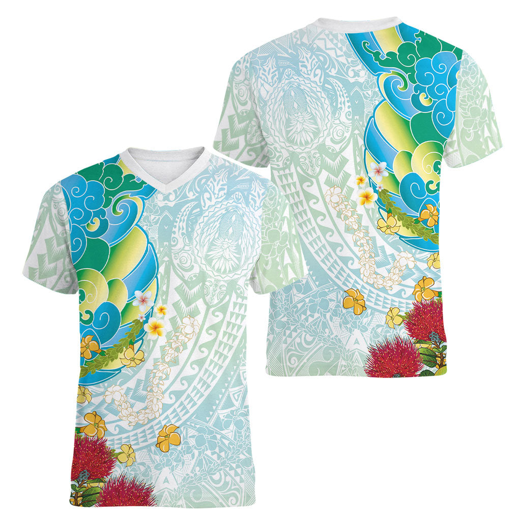 Japanese and Hawaiian Culture Fusion Women V-Neck T-Shirt Irezumi with Turtles and Lei Kakau Pattern Fresh Vibe