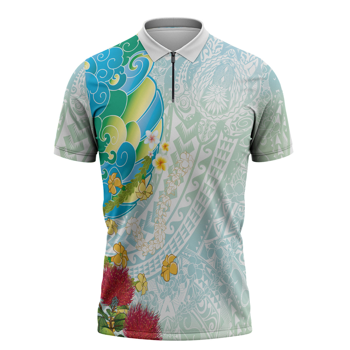 Japanese and Hawaiian Culture Fusion Zipper Polo Shirt Irezumi with Turtles and Lei Kakau Pattern Fresh Vibe