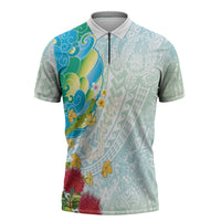 Japanese and Hawaiian Culture Fusion Zipper Polo Shirt Irezumi with Turtles and Lei Kakau Pattern Fresh Vibe