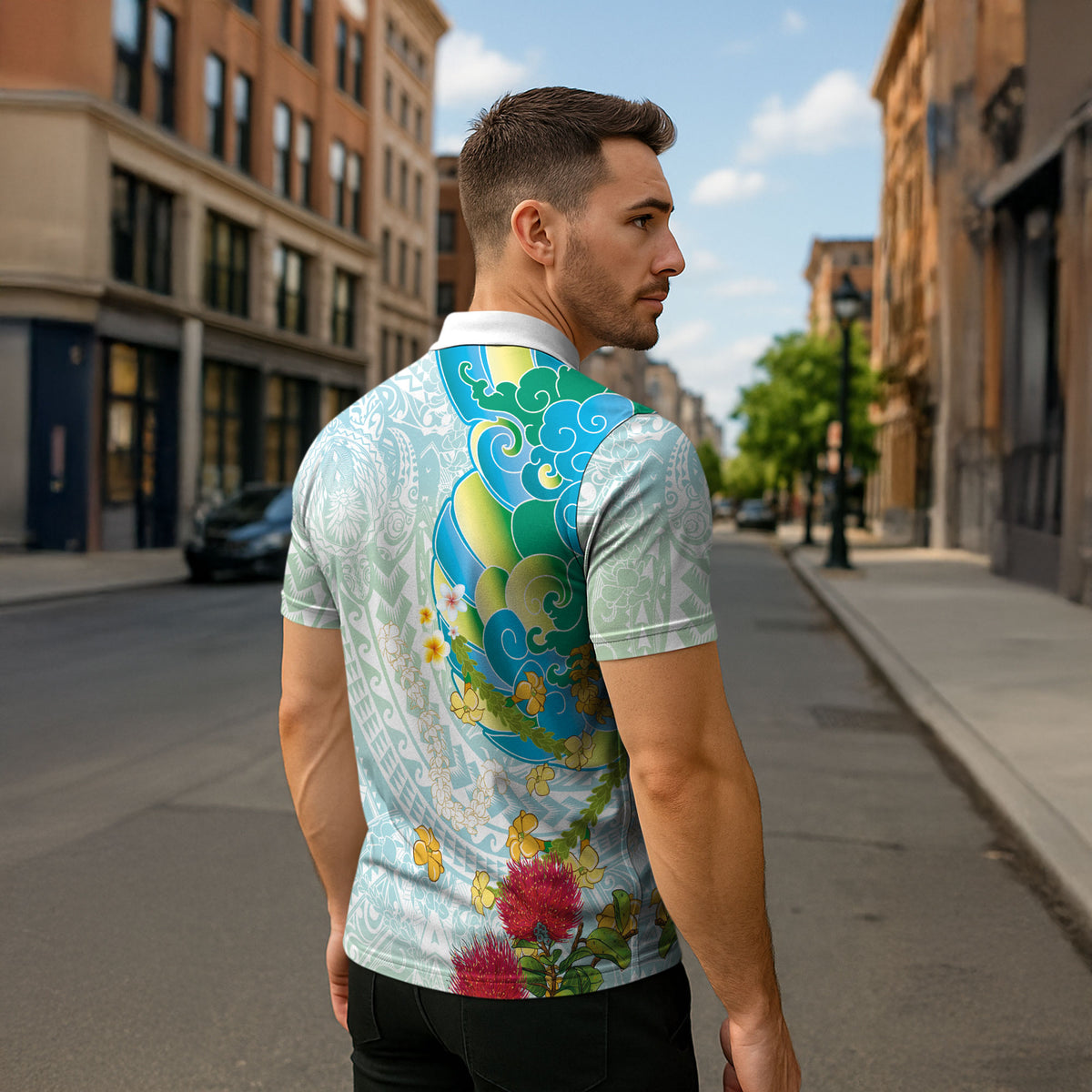 Japanese and Hawaiian Culture Fusion Zipper Polo Shirt Irezumi with Turtles and Lei Kakau Pattern Fresh Vibe