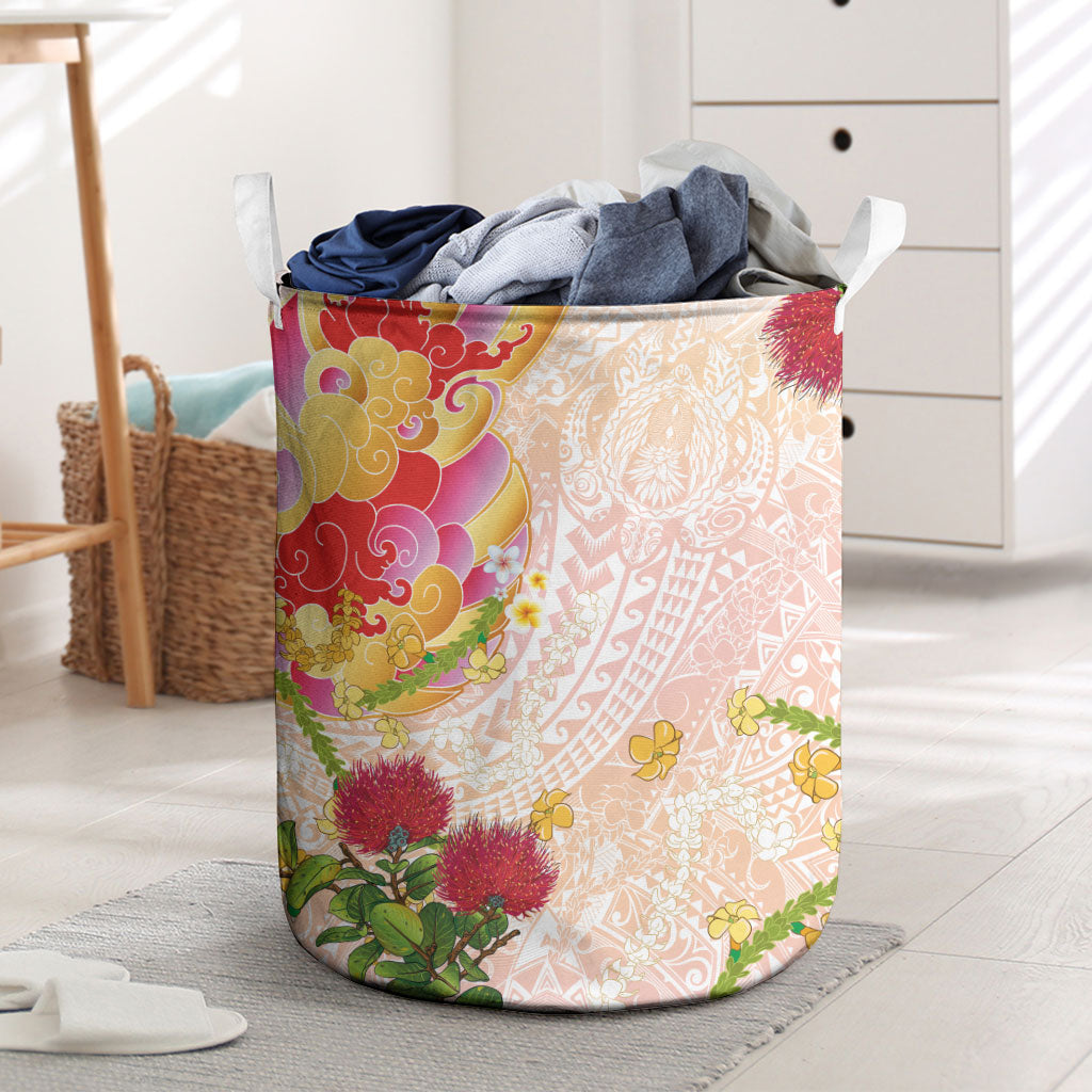 Japanese and Hawaiian Culture Fusion Laundry Basket Irezumi with Turtles and Lei Kakau Pattern Sunset Vibe