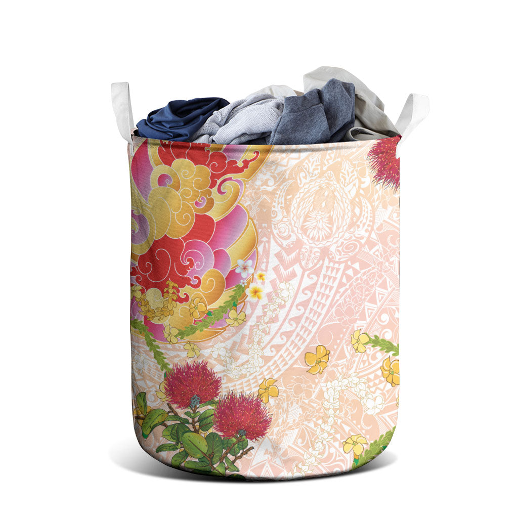 Japanese and Hawaiian Culture Fusion Laundry Basket Irezumi with Turtles and Lei Kakau Pattern Sunset Vibe