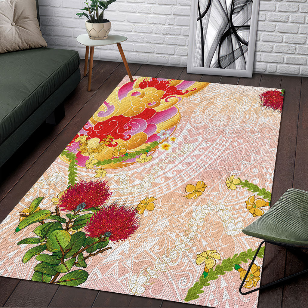 Japanese and Hawaiian Culture Fusion Area Rug Irezumi with Turtles and Lei Kakau Pattern Sunset Vibe