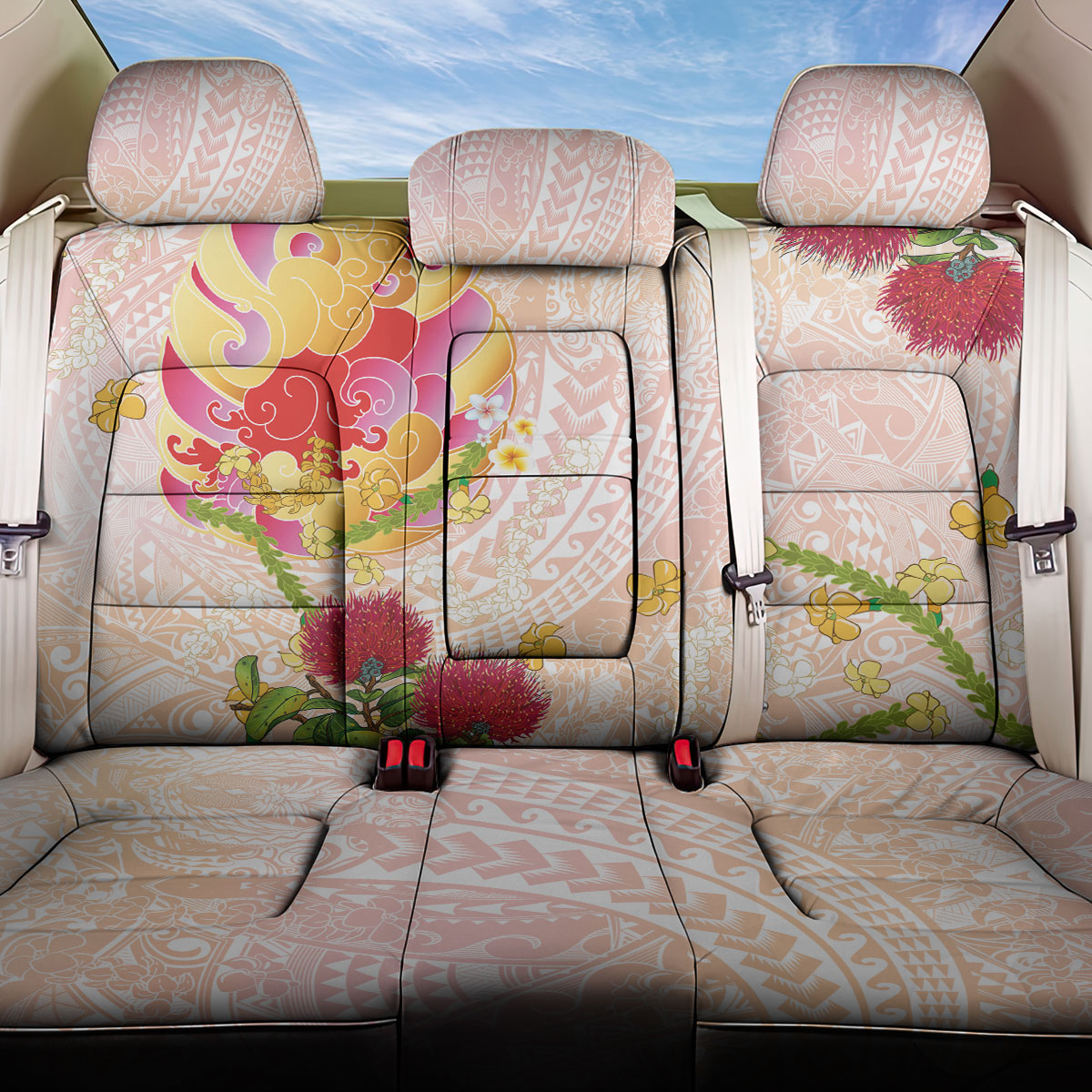 Japanese and Hawaiian Culture Fusion Back Car Seat Cover Irezumi with Turtles and Lei Kakau Pattern Sunset Vibe