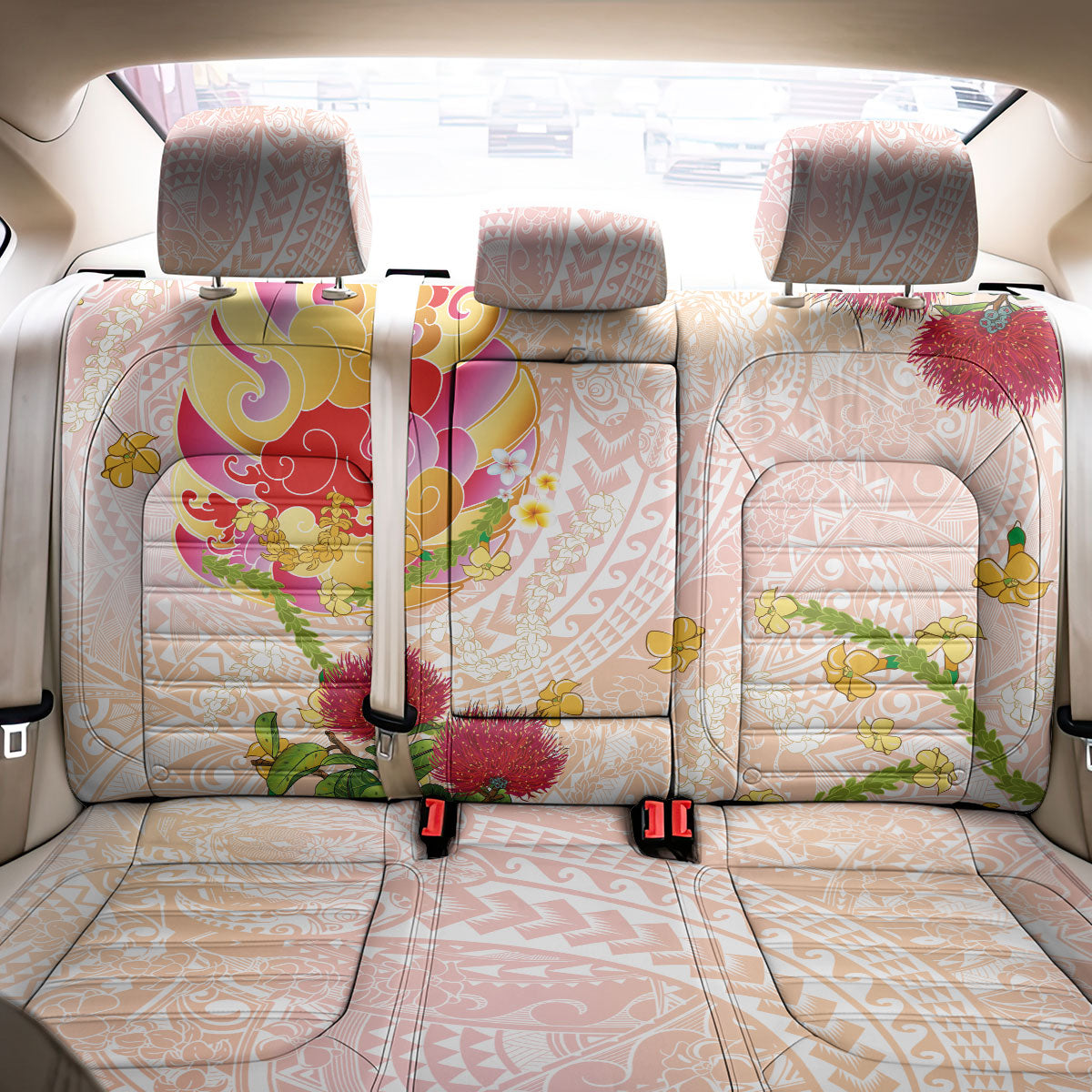 Japanese and Hawaiian Culture Fusion Back Car Seat Cover Irezumi with Turtles and Lei Kakau Pattern Sunset Vibe