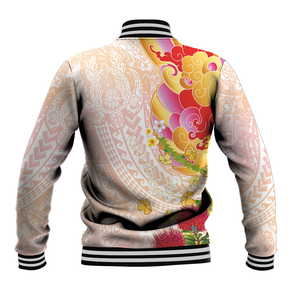 Japanese and Hawaiian Culture Fusion Baseball Jacket Irezumi with Turtles and Lei Kakau Pattern Sunset Vibe