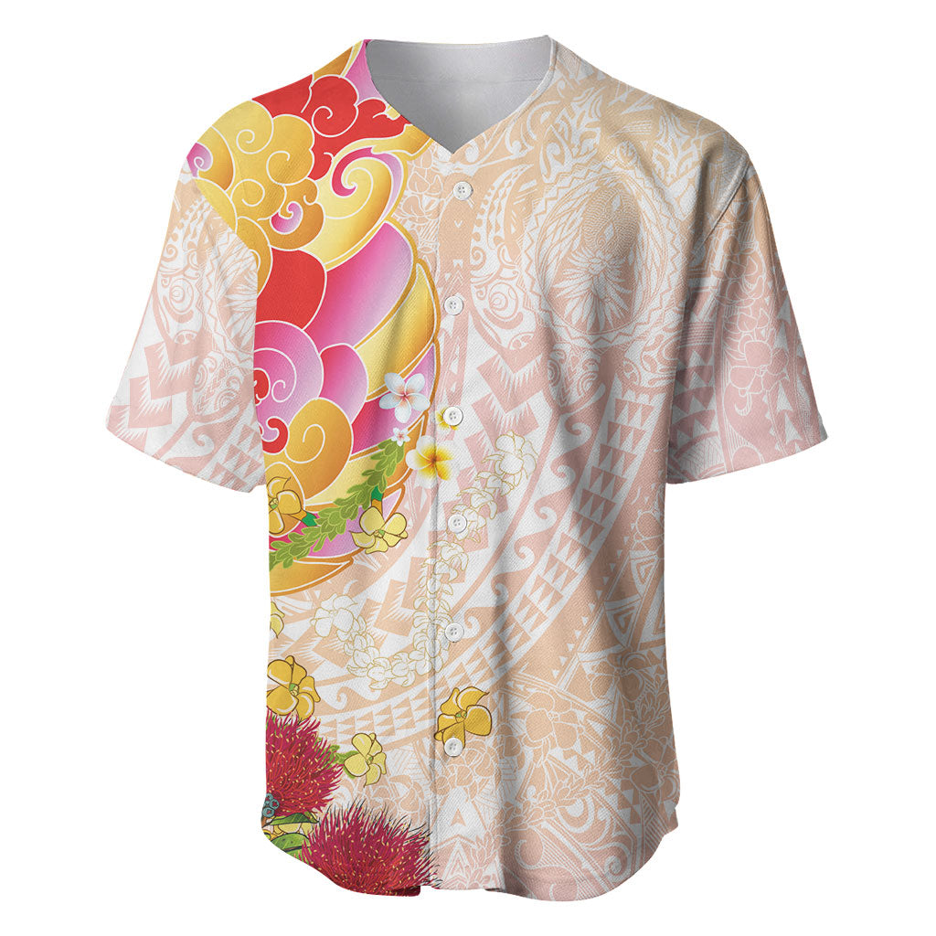 Japanese and Hawaiian Culture Fusion Baseball Jersey Irezumi with Turtles and Lei Kakau Pattern Sunset Vibe
